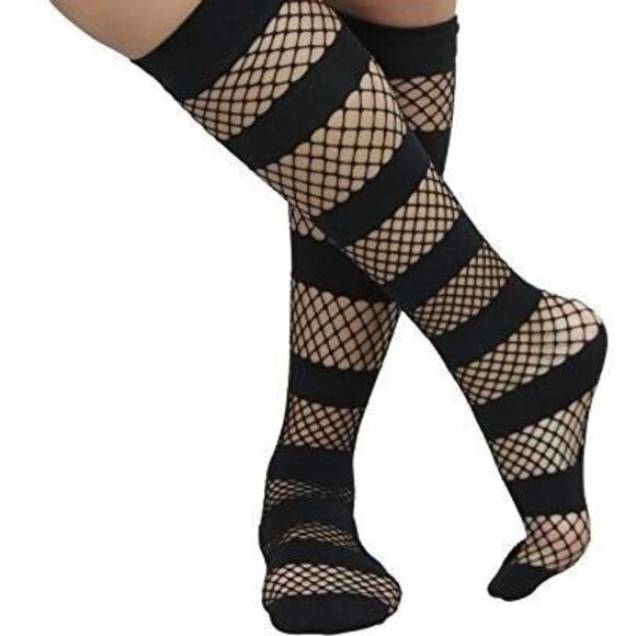 NWT BeWicked Black Nylon Knee Highs Mixed Fishnet One Size Goth Sexy - Picture 1 of 5